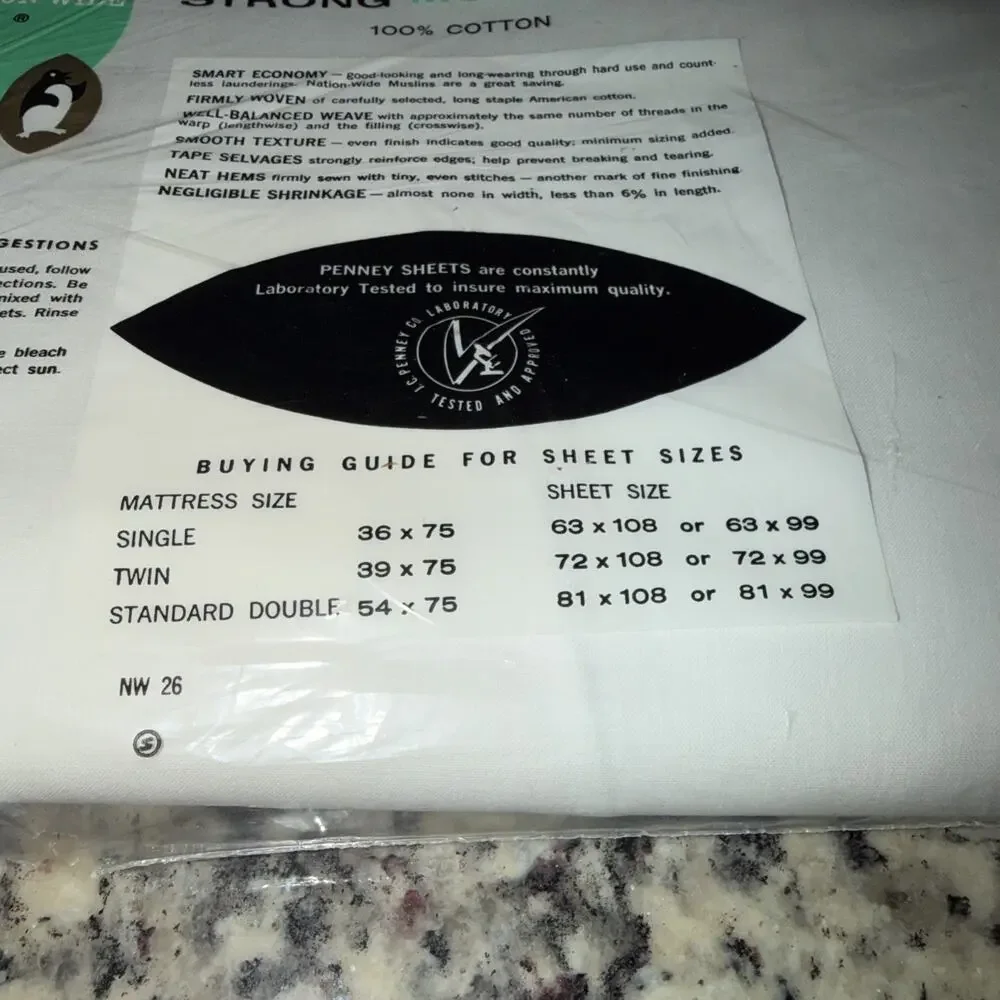 Vintage Penney's Nation-Wide Strong Muslin Cotton Sheet Double Bed 81x108 White